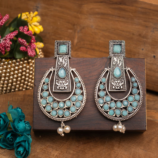 Mint Stone Studded Statement German Silver Dangler Earrings