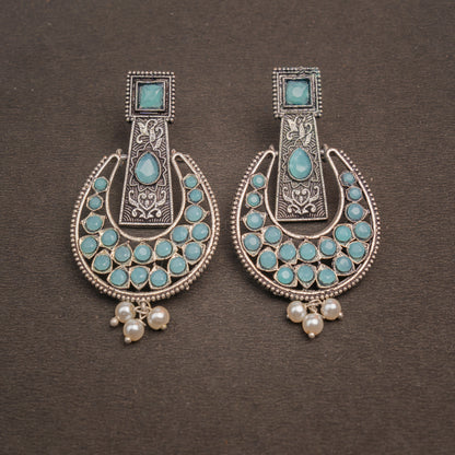 Mint Stone Studded Statement German Silver Dangler Earrings