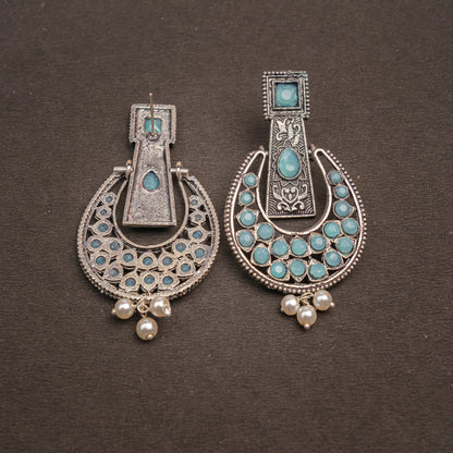 Mint Stone Studded Statement German Silver Dangler Earrings