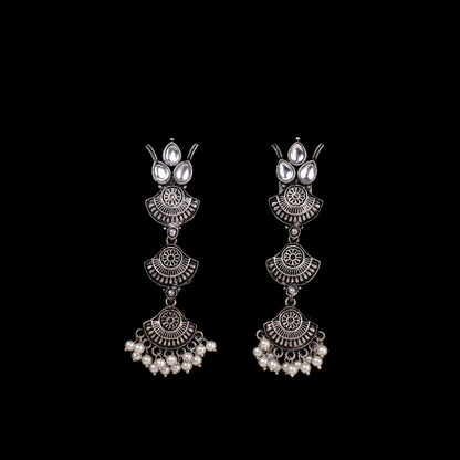 White Stone Studded Triple Layered Beautiful German Silver Earrings