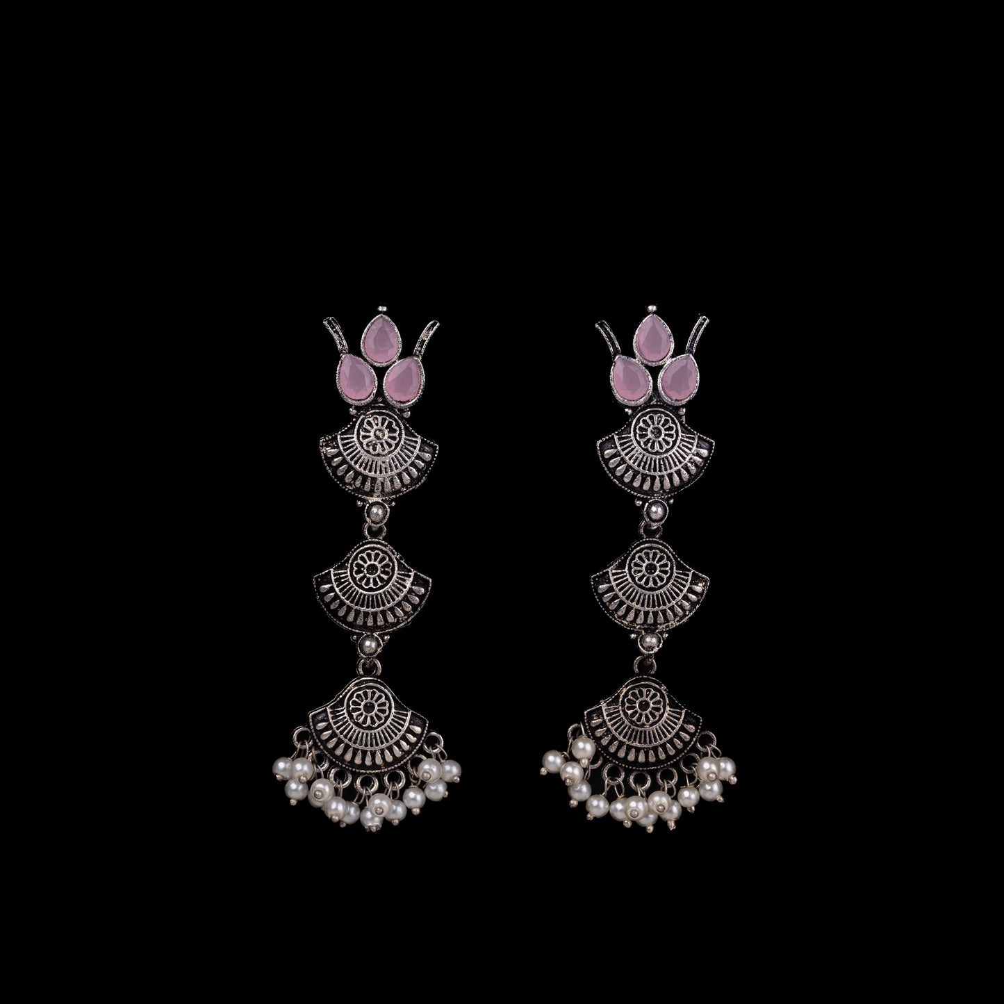 Baby Pink Stone Studded Triple Layered Beautiful German Silver Earrings