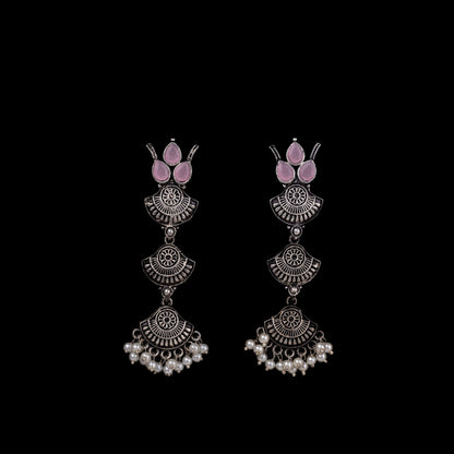 Baby Pink Stone Studded Triple Layered Beautiful German Silver Earrings
