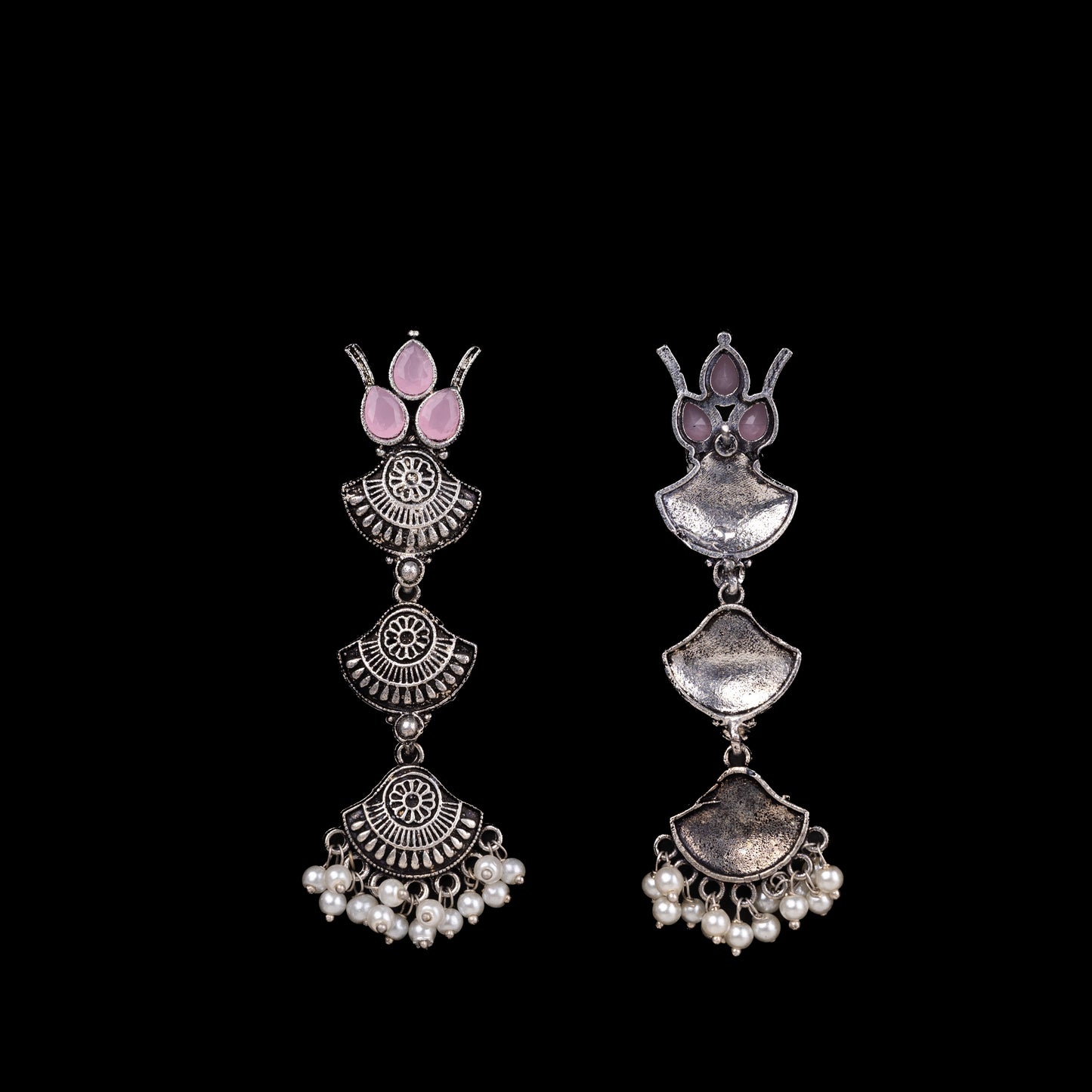 Baby Pink Stone Studded Triple Layered Beautiful German Silver Earrings