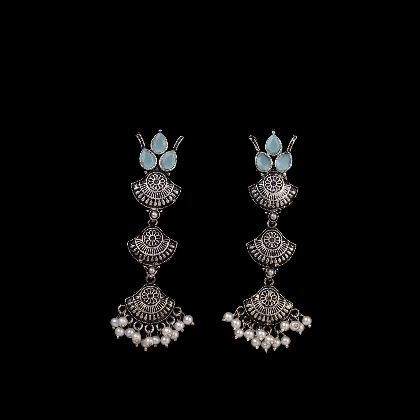 Mint Stone Studded Triple Layered Beautiful German Silver Earrings