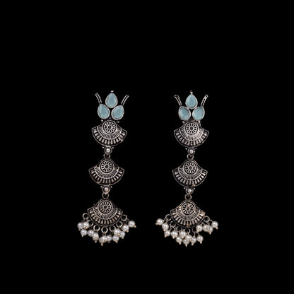 Mint Stone Studded Triple Layered Beautiful German Silver Earrings