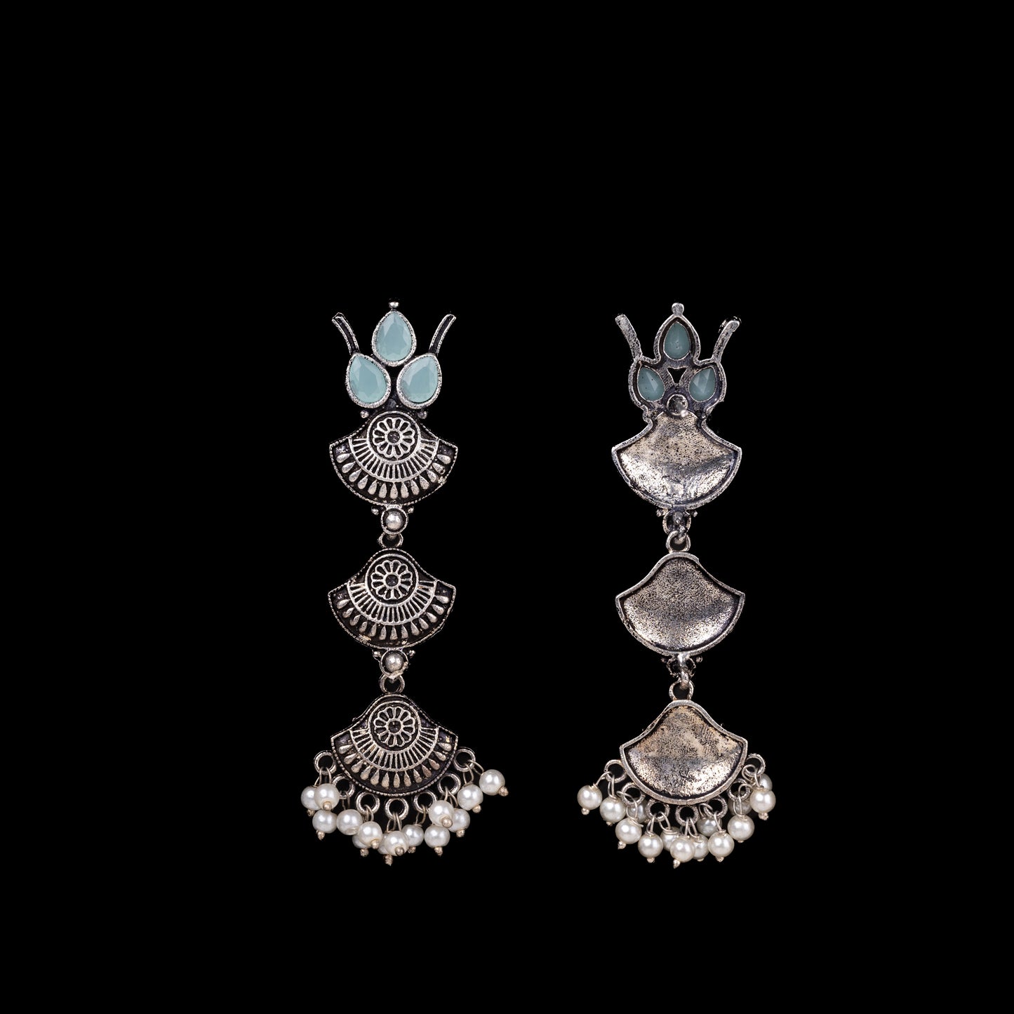Mint Stone Studded Triple Layered Beautiful German Silver Earrings