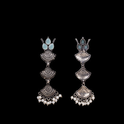 Mint Stone Studded Triple Layered Beautiful German Silver Earrings