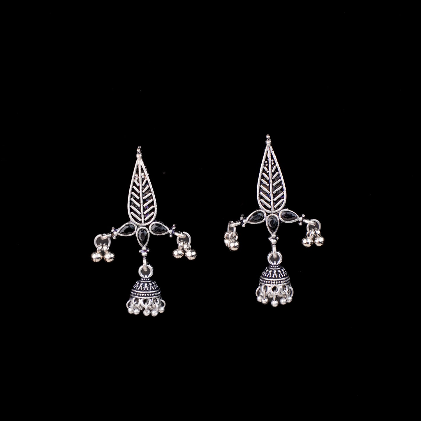 Black Stone Studded Beautiful Triangular Oxidised Earrings With Hanging Jhumka