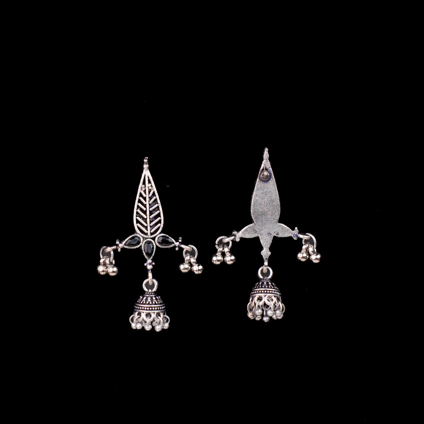 Black Stone Studded Beautiful Triangular Oxidised Earrings With Hanging Jhumka