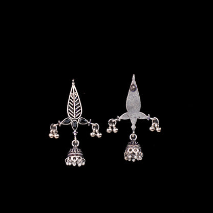 Black Stone Studded Beautiful Triangular Oxidised Earrings With Hanging Jhumka
