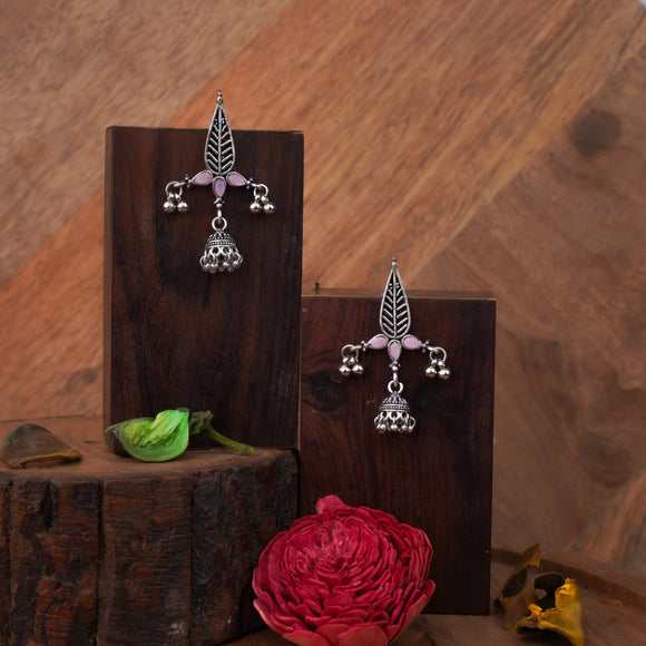 Baby Pink Stone Studded Beautiful Triangular Oxidised Earrings With Hanging Jhumka