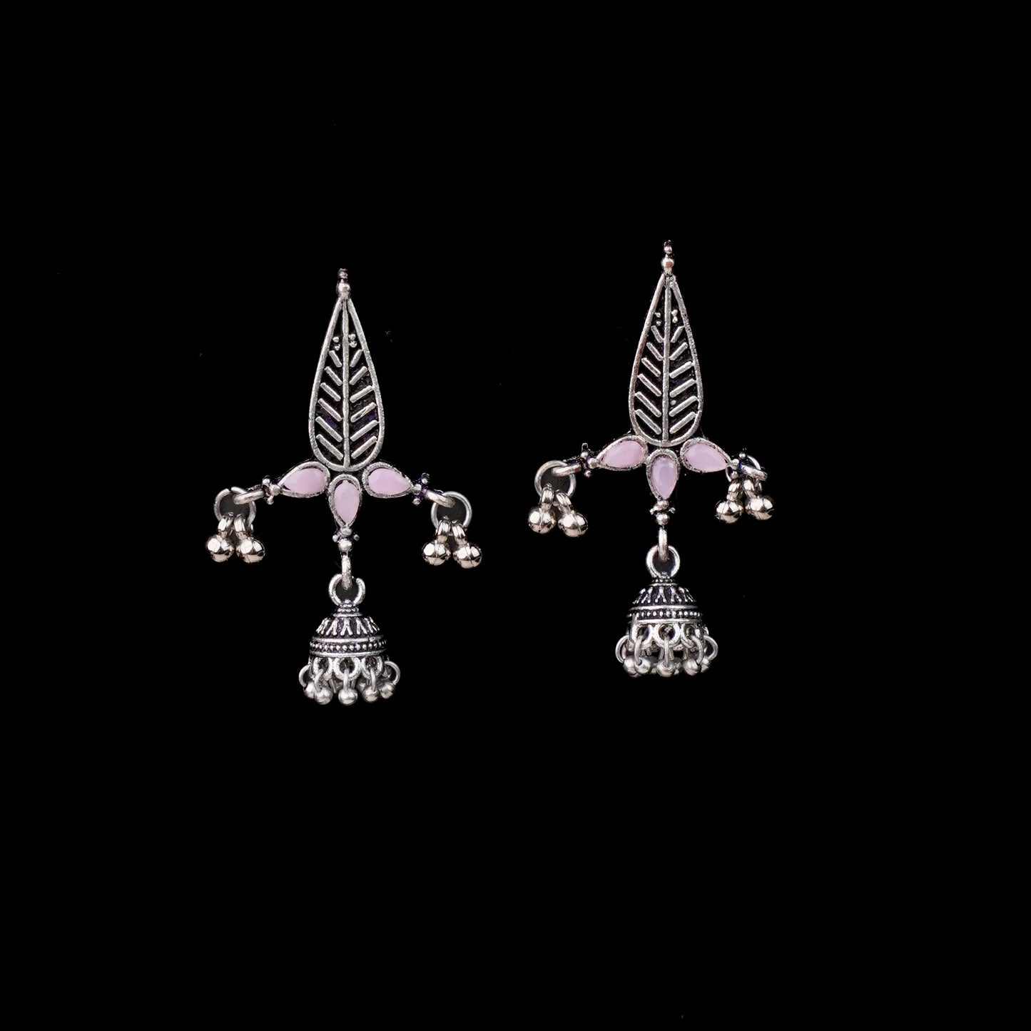 Baby Pink Stone Studded Beautiful Triangular Oxidised Earrings With Hanging Jhumka