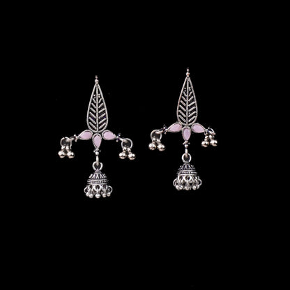 Baby Pink Stone Studded Beautiful Triangular Oxidised Earrings With Hanging Jhumka
