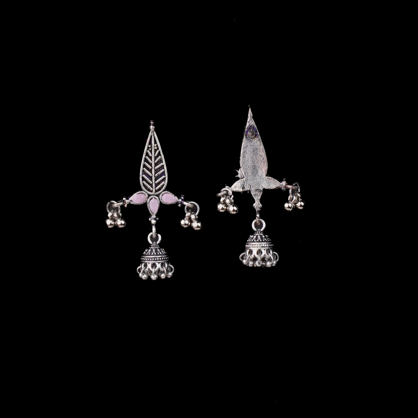 Baby Pink Stone Studded Beautiful Triangular Oxidised Earrings With Hanging Jhumka