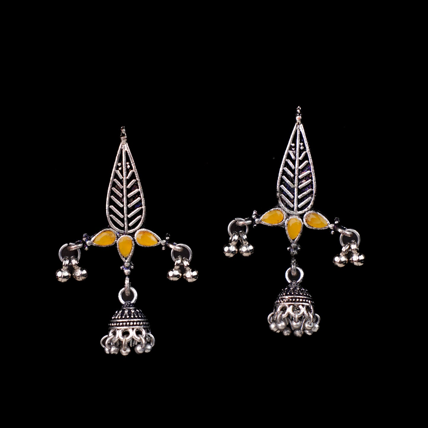 Yellow Stone Studded Beautiful Triangular Oxidised Earrings With Hanging Jhumka