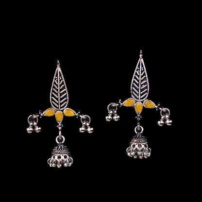 Yellow Stone Studded Beautiful Triangular Oxidised Earrings With Hanging Jhumka