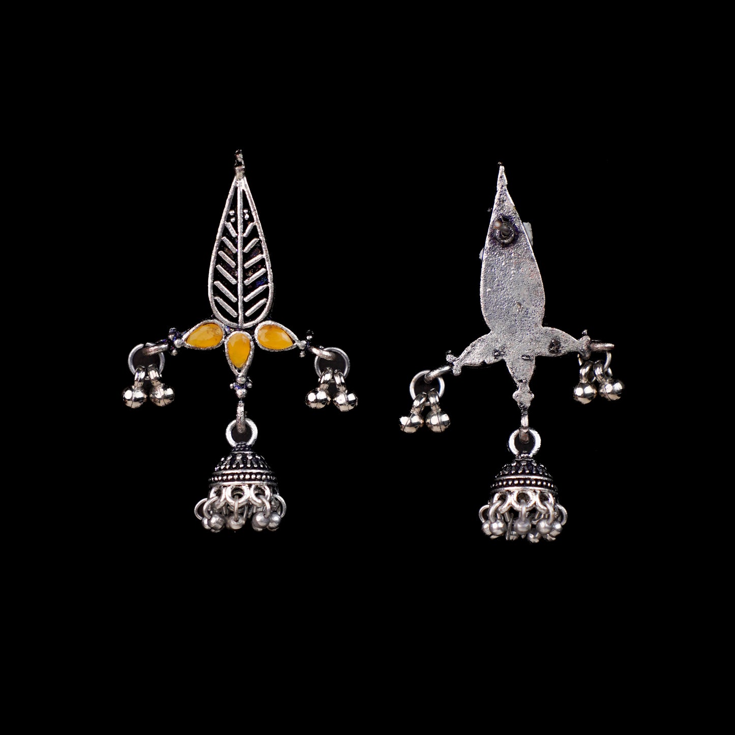 Yellow Stone Studded Beautiful Triangular Oxidised Earrings With Hanging Jhumka
