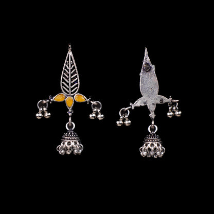Yellow Stone Studded Beautiful Triangular Oxidised Earrings With Hanging Jhumka