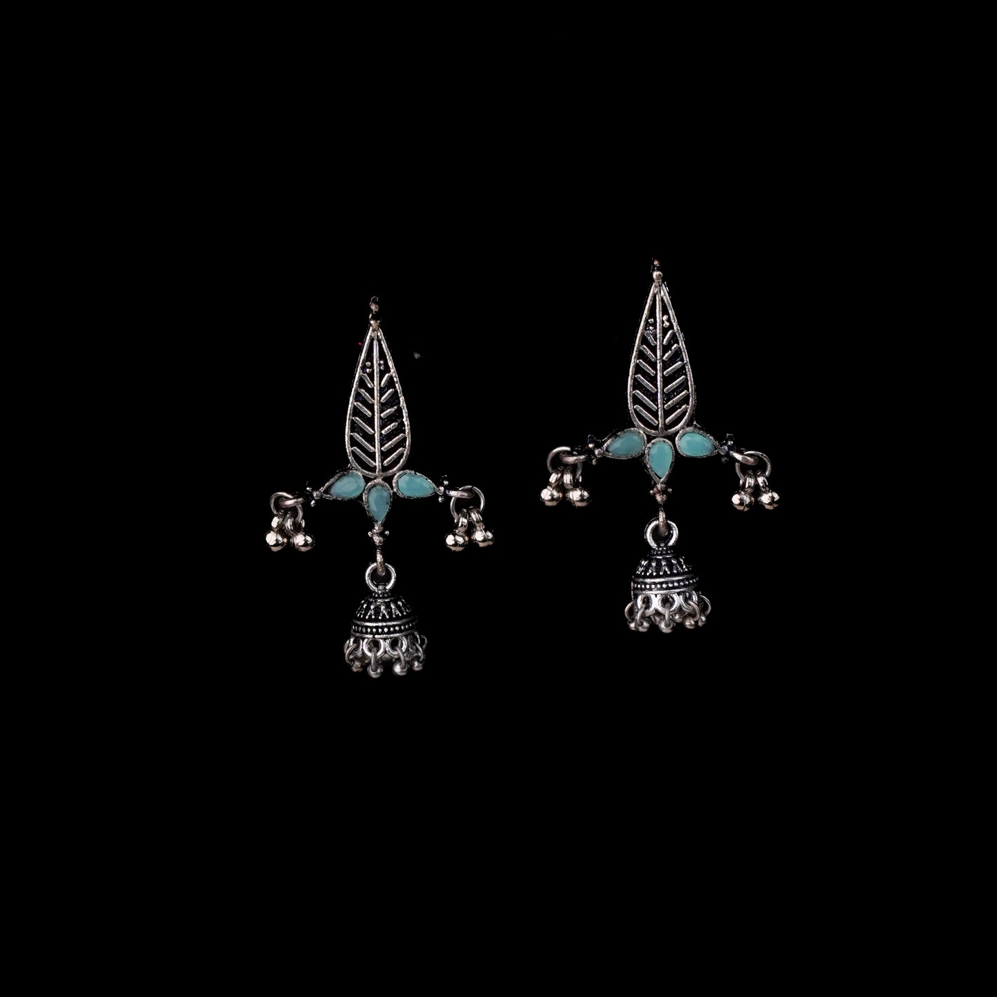 Mint Stone Studded Beautiful Triangular Oxidised Earrings With Hanging Jhumka