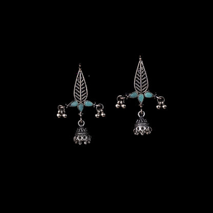 Mint Stone Studded Beautiful Triangular Oxidised Earrings With Hanging Jhumka