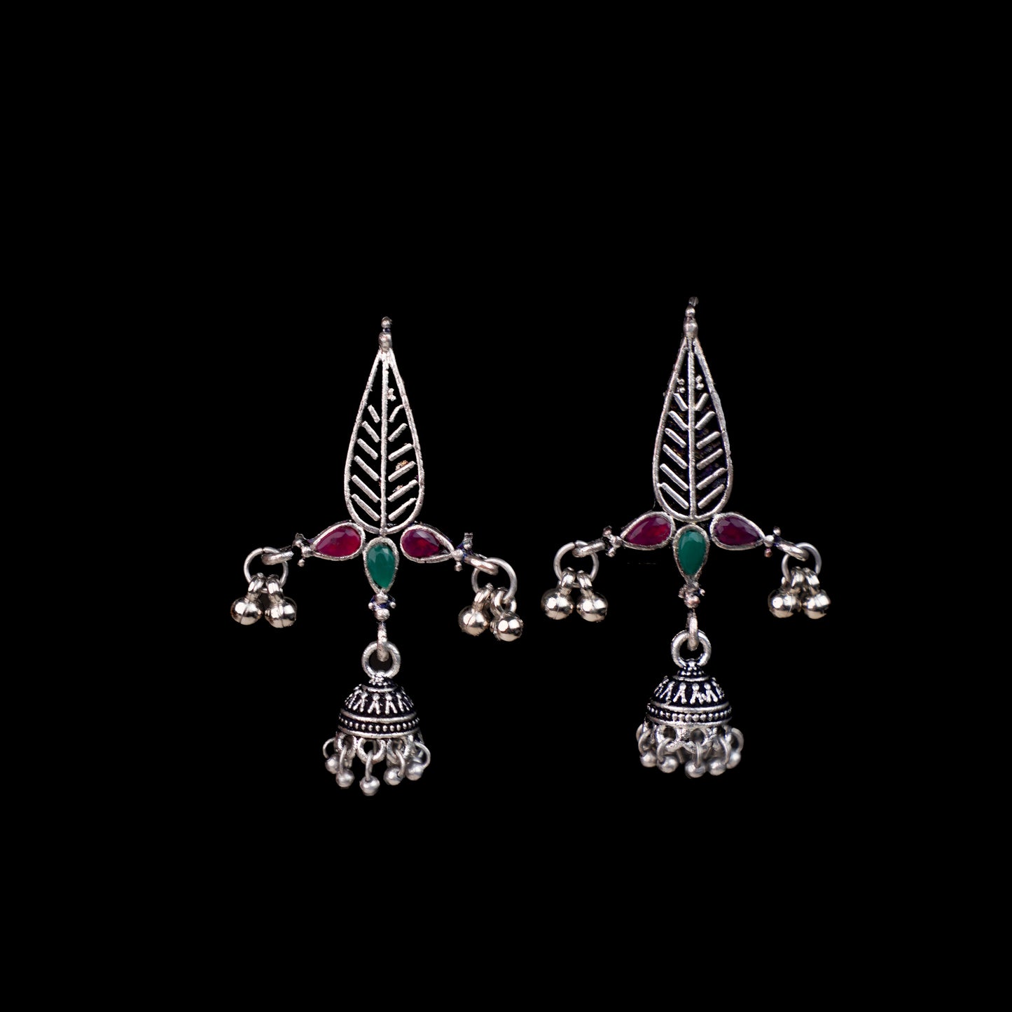 Multi Stone Studded Beautiful Triangular Oxidised Earrings With Hanging Jhumka