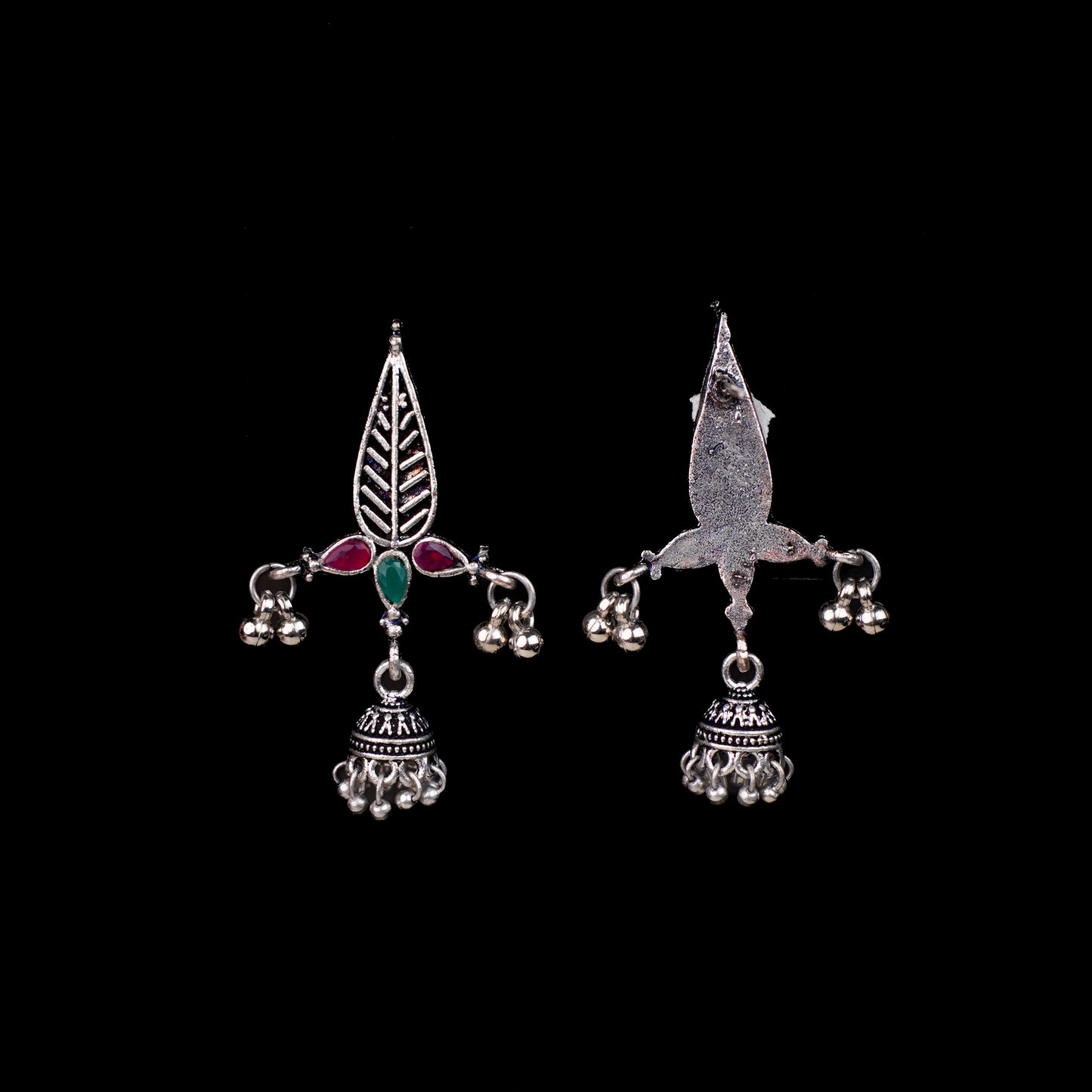 Multi Stone Studded Beautiful Triangular Oxidised Earrings With Hanging Jhumka