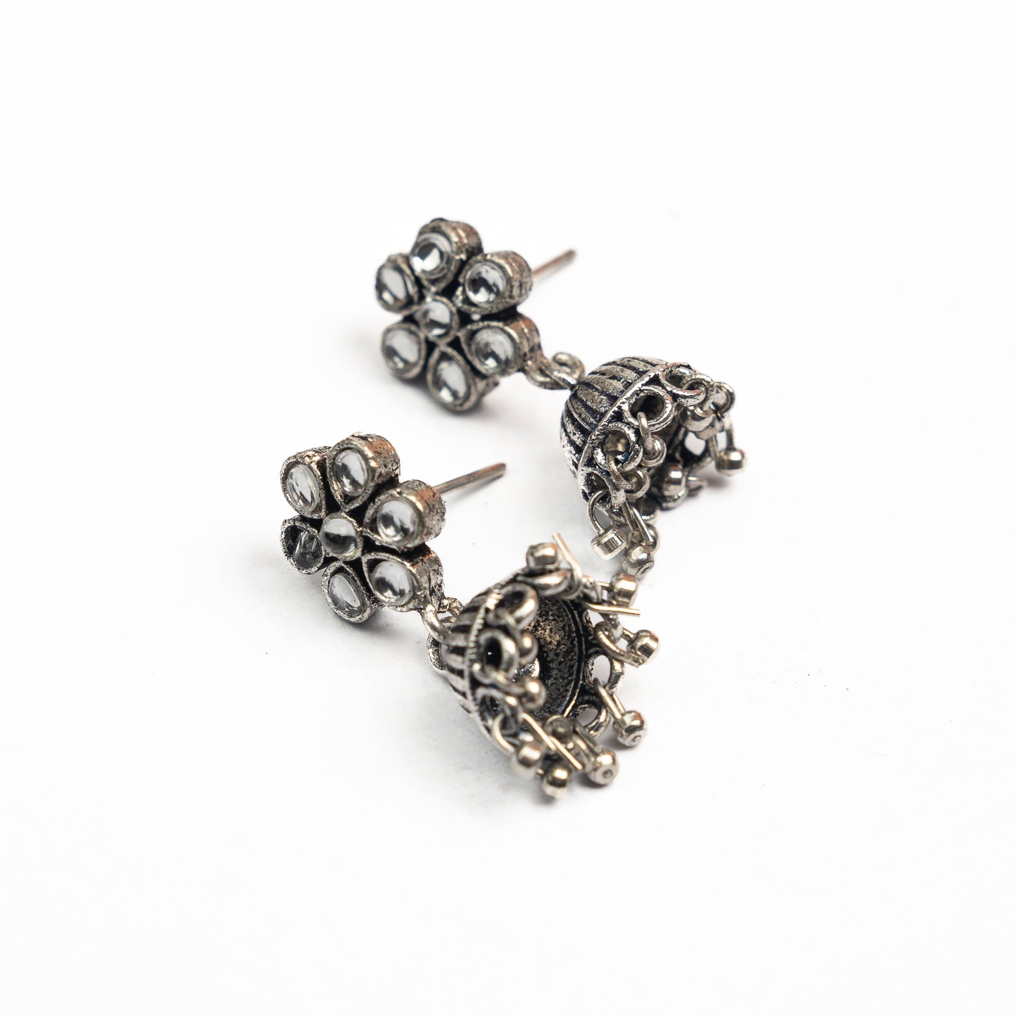 White Stone Studded Oxidised Earrings With Hanging Jhumki