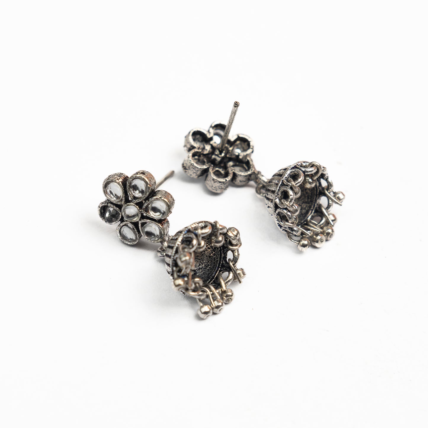 White Stone Studded Oxidised Earrings With Hanging Jhumki