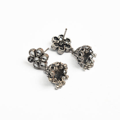 White Stone Studded Oxidised Earrings With Hanging Jhumki