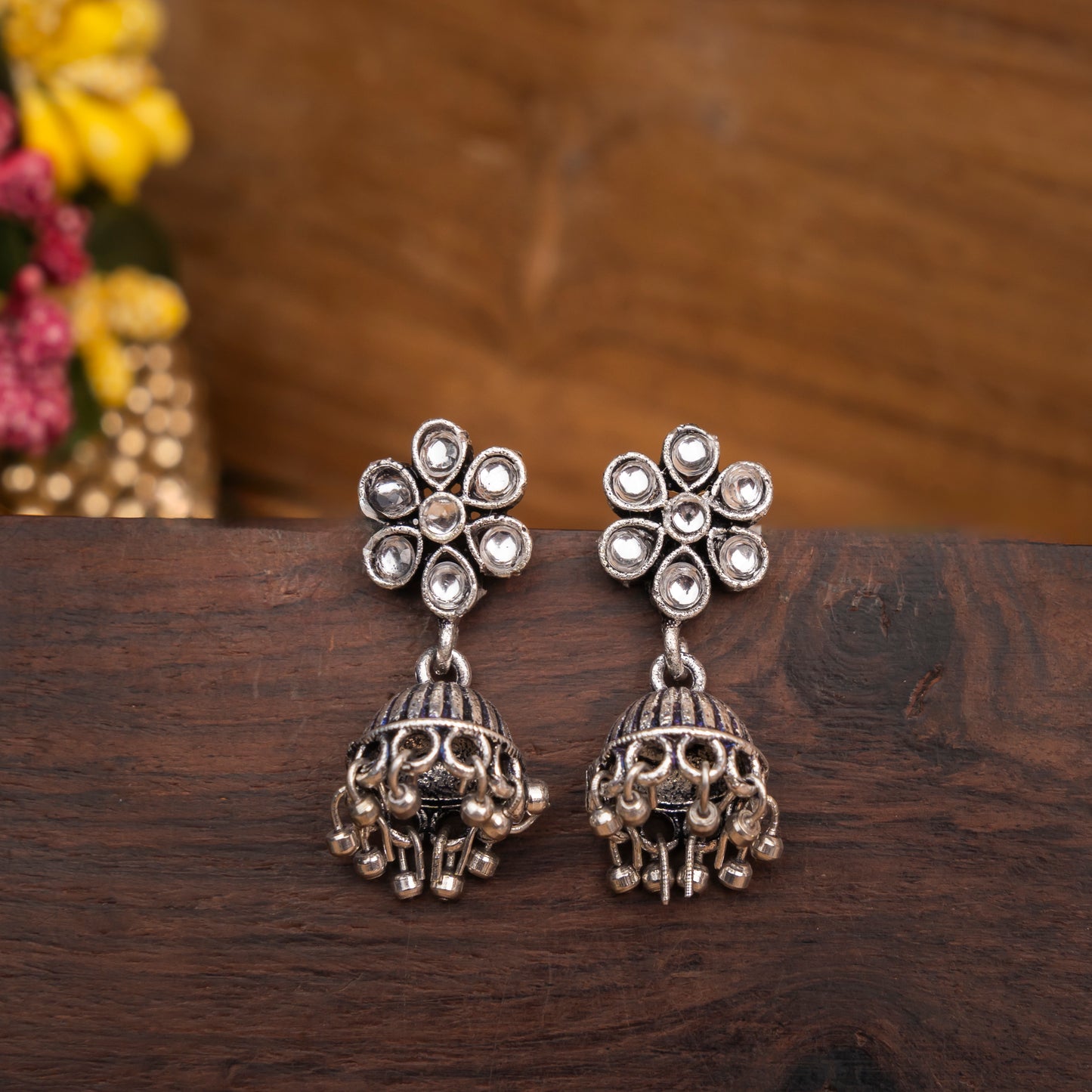 White Stone Studded Oxidised Earrings With Hanging Jhumki