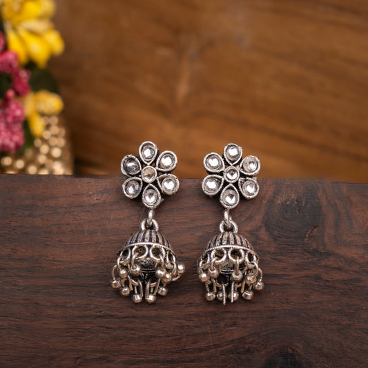 White Stone Studded Oxidised Earrings With Hanging Jhumki