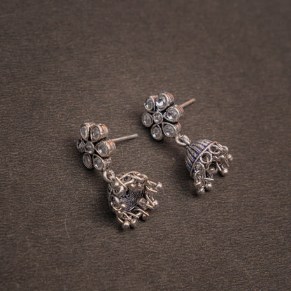 White Stone Studded Oxidised Earrings With Hanging Jhumki