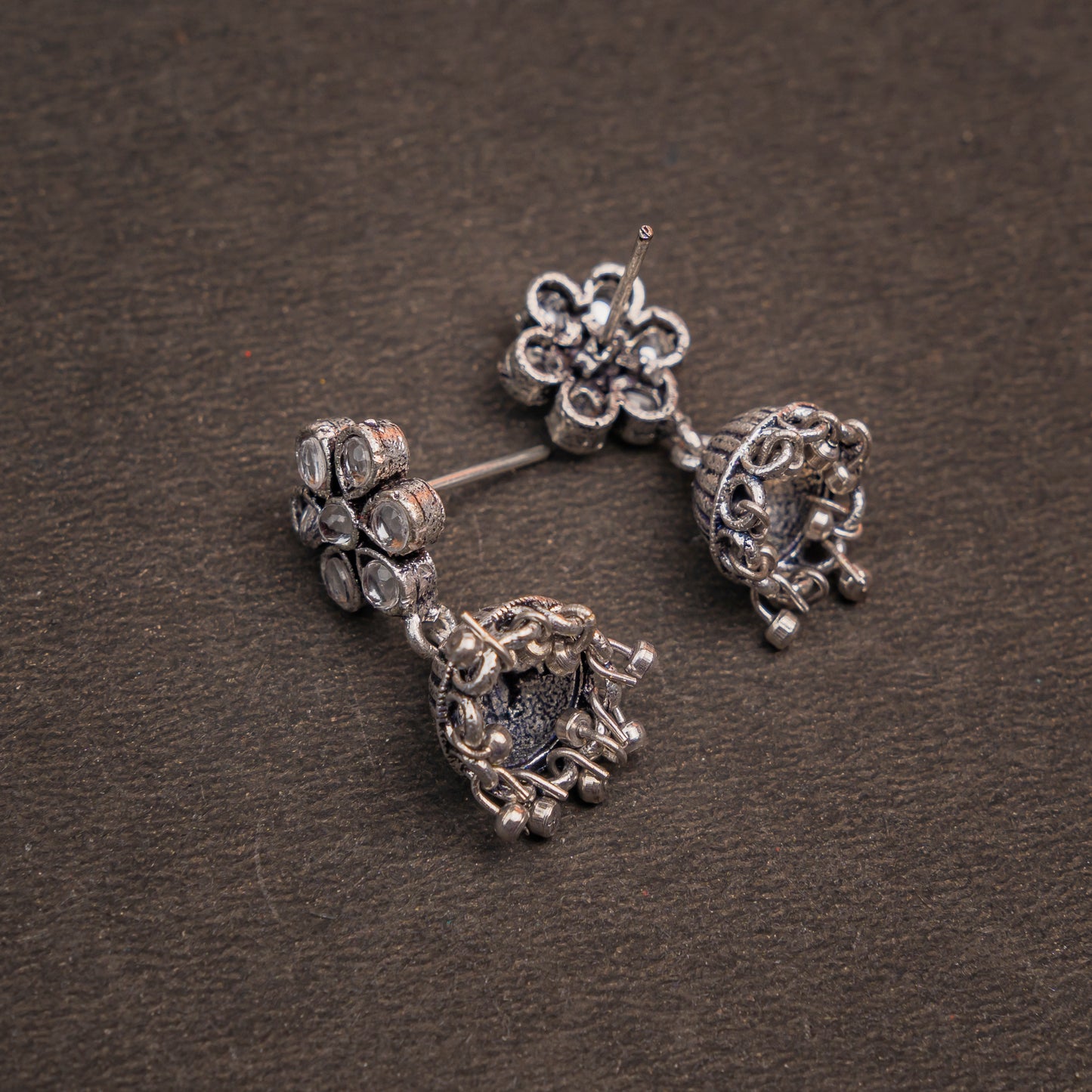 White Stone Studded Oxidised Earrings With Hanging Jhumki