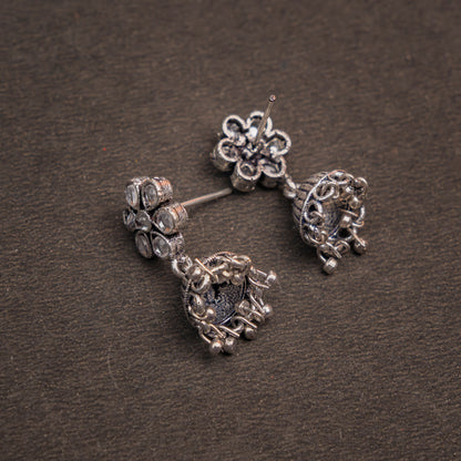White Stone Studded Oxidised Earrings With Hanging Jhumki