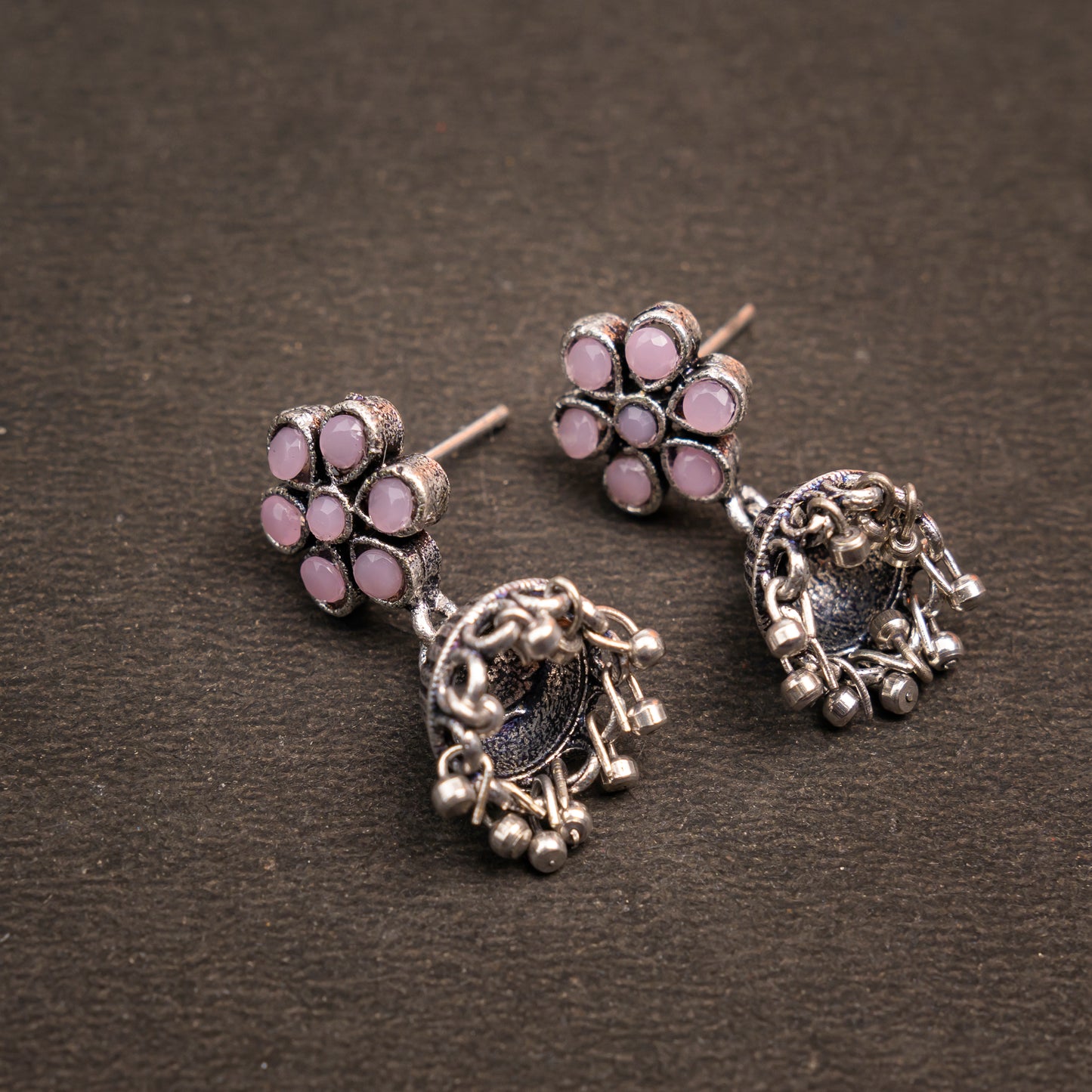 Baby Pink Stone Studded Oxidised Earrings With Hanging Jhumki
