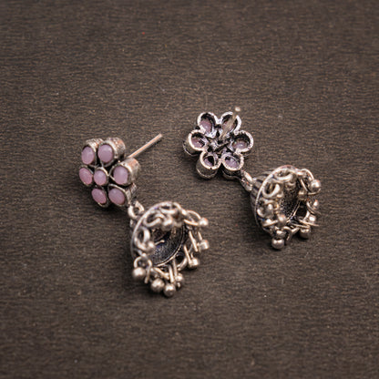 Baby Pink Stone Studded Oxidised Earrings With Hanging Jhumki