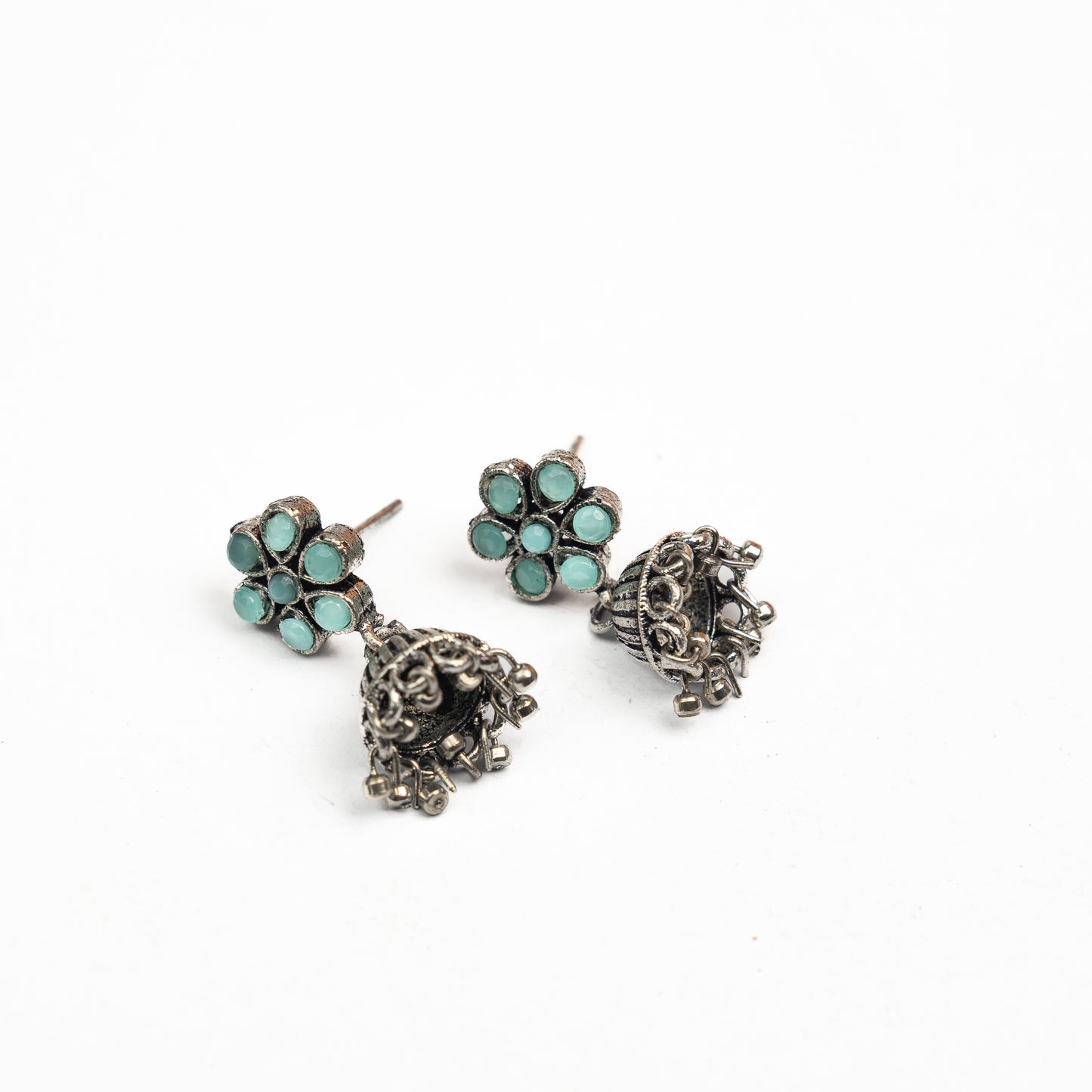 Mint Stone Studded Oxidised Earrings With Hanging Jhumki