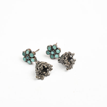 Mint Stone Studded Oxidised Earrings With Hanging Jhumki