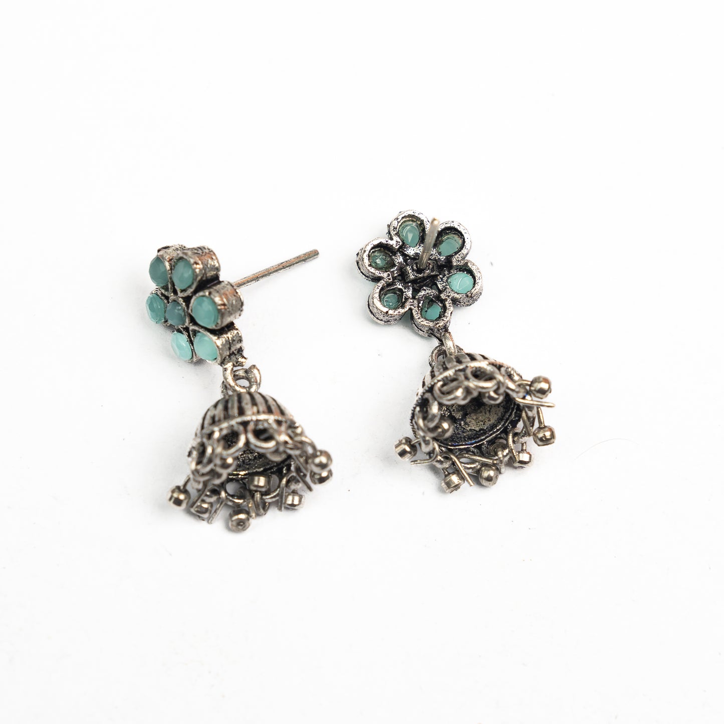 Mint Stone Studded Oxidised Earrings With Hanging Jhumki