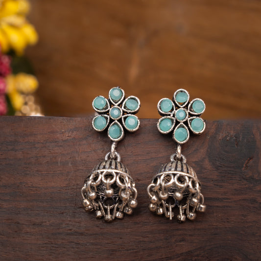 Mint Stone Studded Oxidised Earrings With Hanging Jhumki