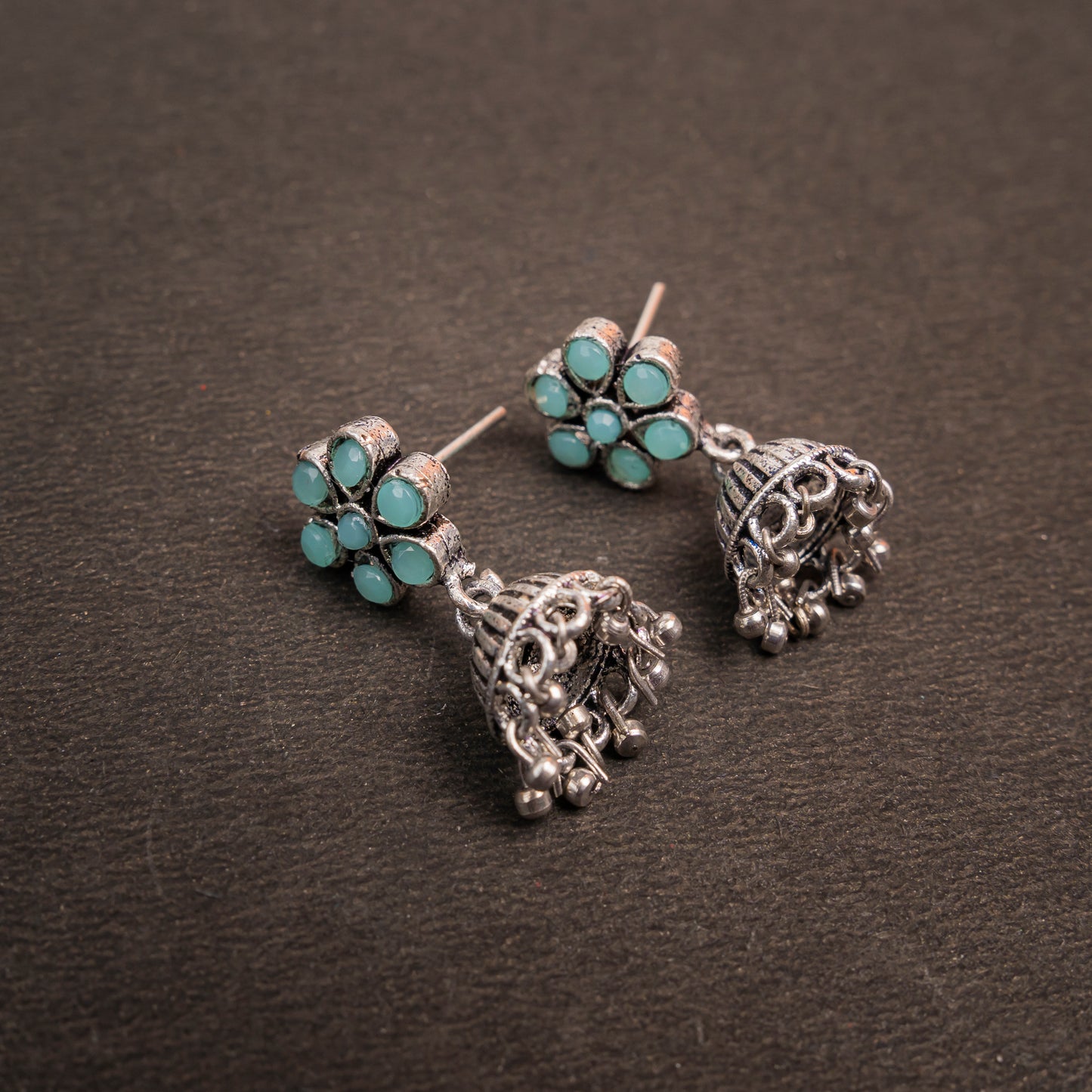 Mint Stone Studded Oxidised Earrings With Hanging Jhumki
