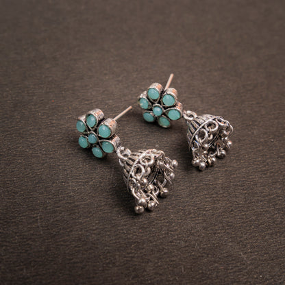 Mint Stone Studded Oxidised Earrings With Hanging Jhumki