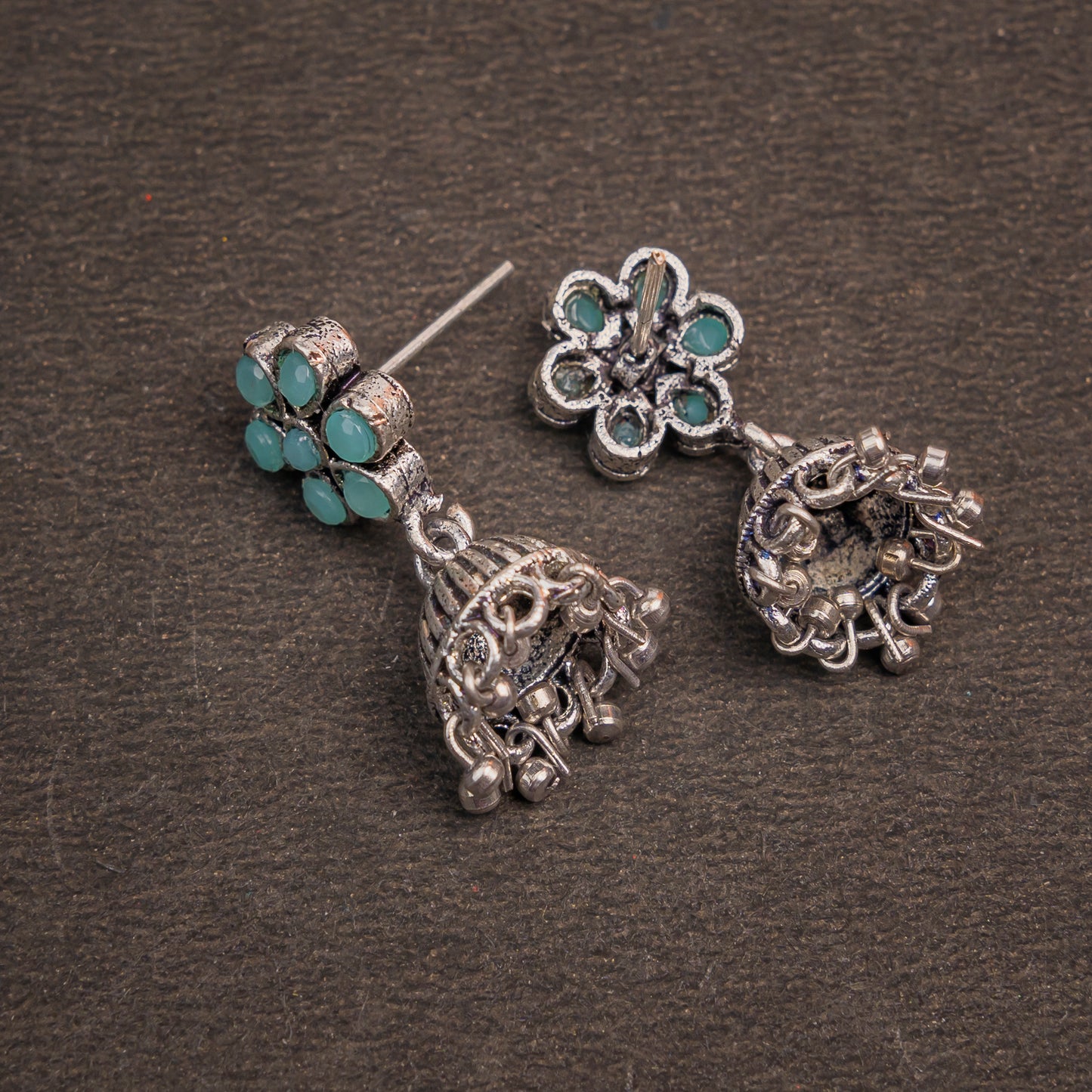 Mint Stone Studded Oxidised Earrings With Hanging Jhumki