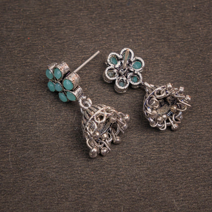 Mint Stone Studded Oxidised Earrings With Hanging Jhumki