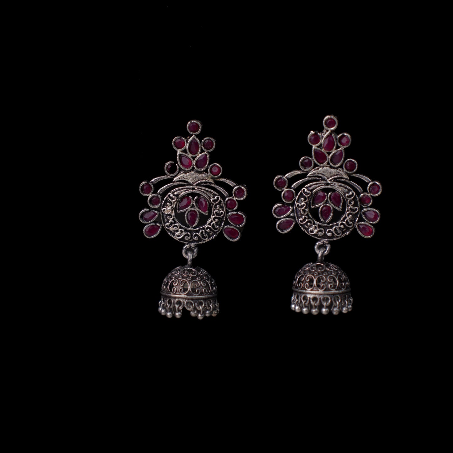 Red Stone Studded Oxidised Earrings With Hanging Jhumka