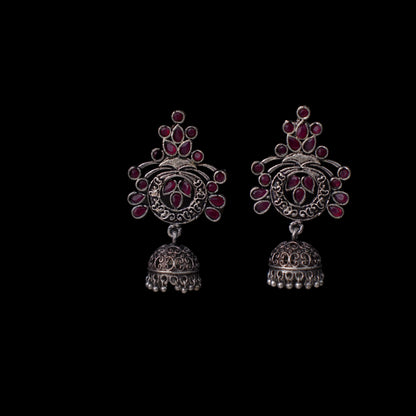 Red Stone Studded Oxidised Earrings With Hanging Jhumka
