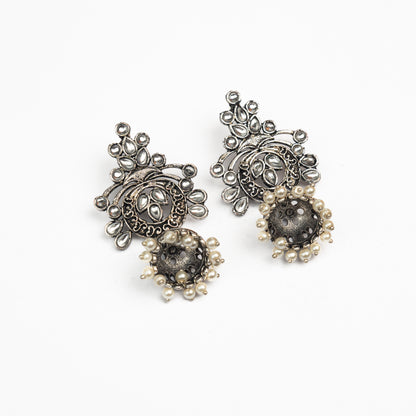 White Studded Oxidised Earrings With Hanging Jhumka