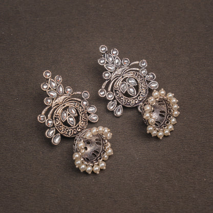 White Studded Oxidised Earrings With Hanging Jhumka