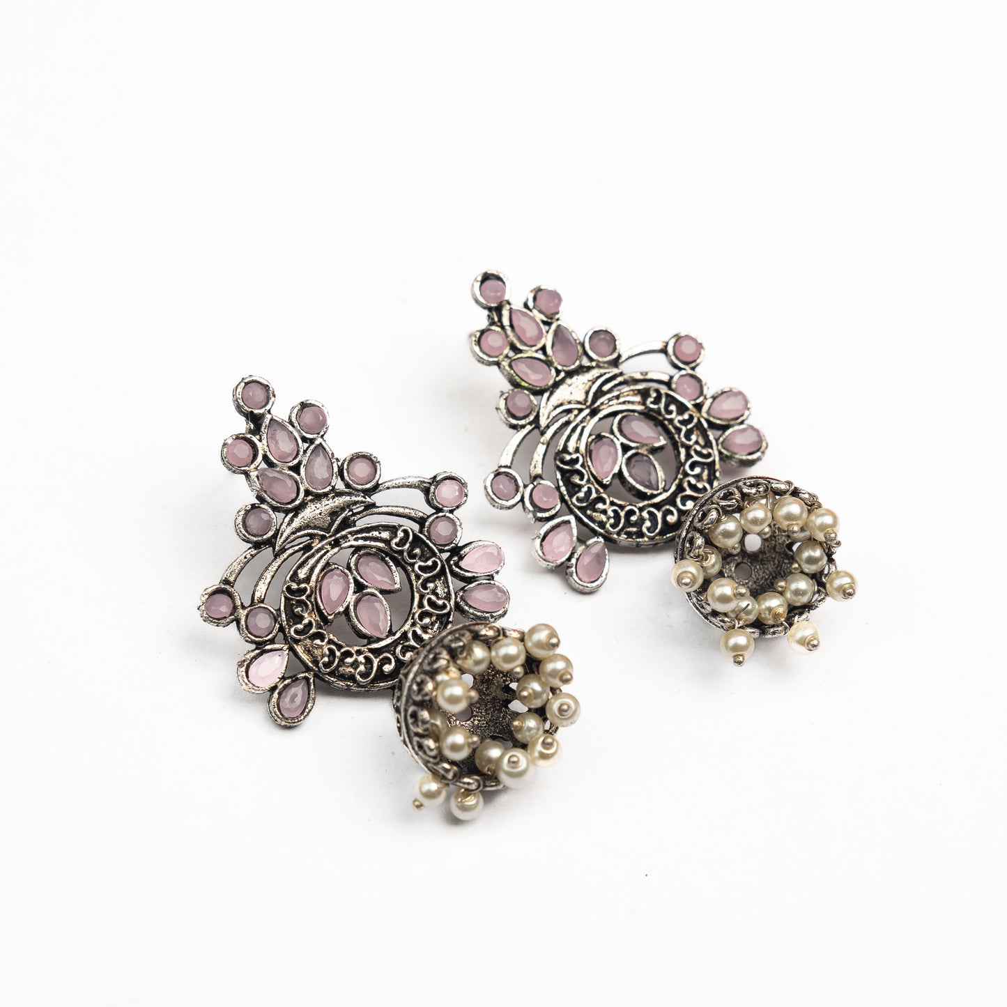 Baby Pink Studded Oxidised Earrings With Hanging Jhumka