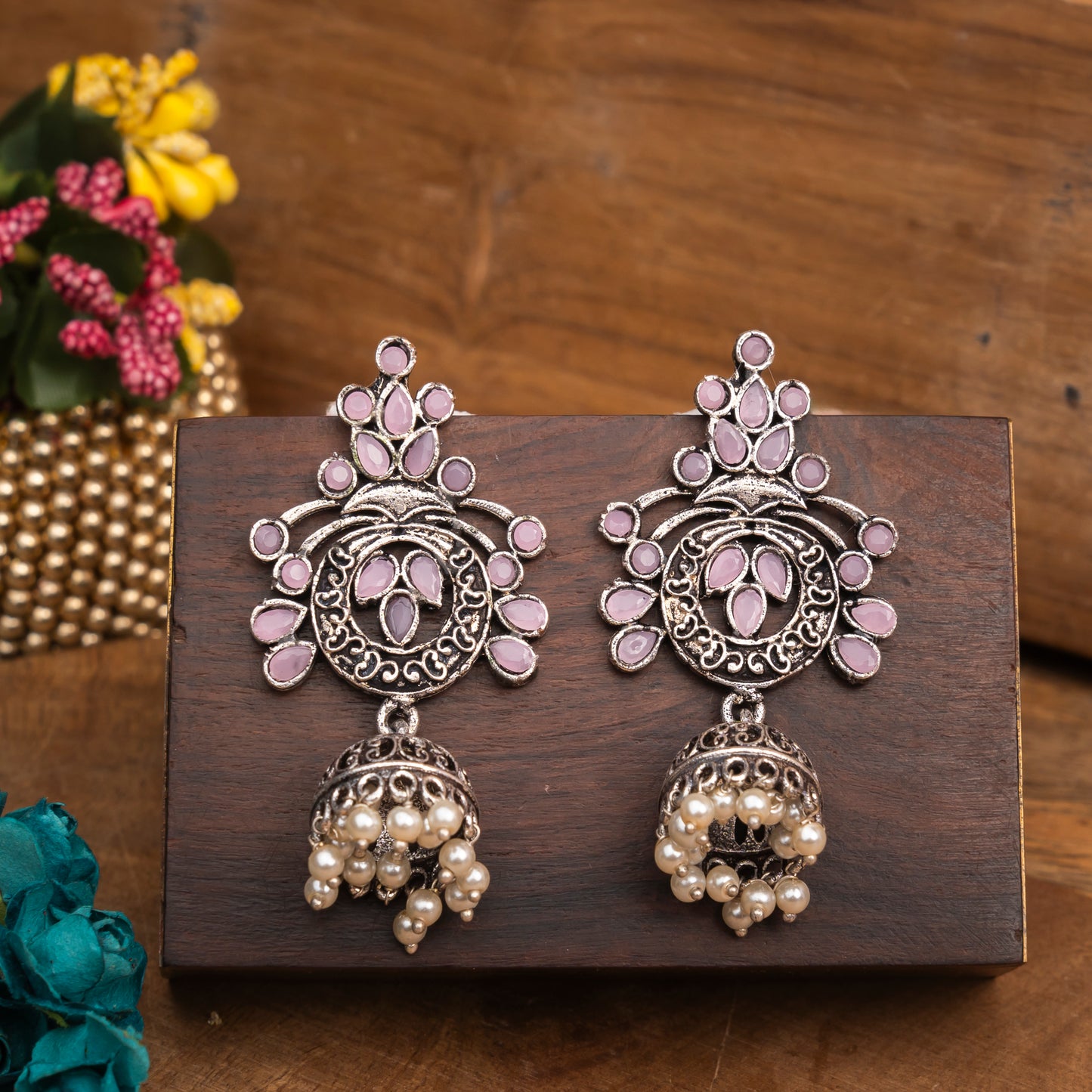 Baby Pink Studded Oxidised Earrings With Hanging Jhumka